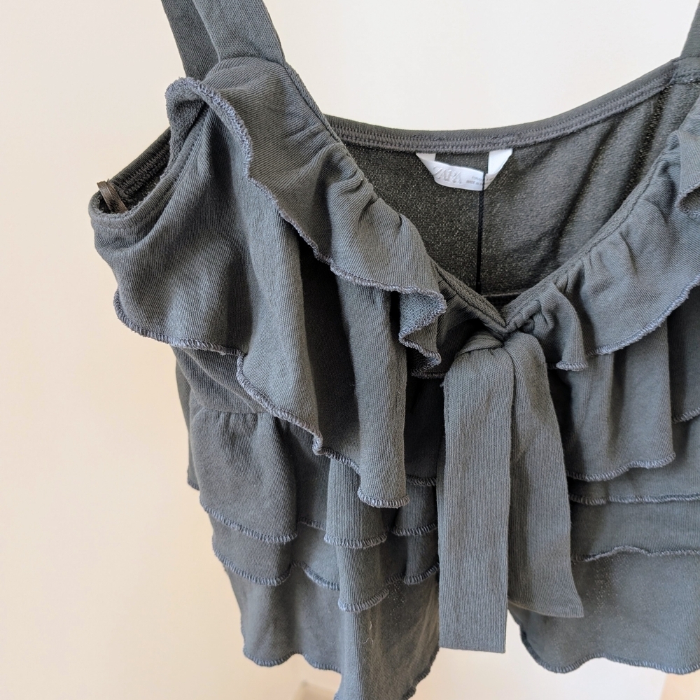 NWT Zara Ruffled & Bow Tie-front Cropped Tank Top In Green - L - Picture 9 of 11